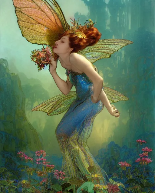 Image similar to a beautiful fairy in a morning dreamland, full body, coherent design, symmetrical, vivid color, complementary color, golden ratio, detailed, sharp lines, intricate, rainbowshift, by james gurney, by peter mohrbacher, by alphonse mucha, by maxfield parrish, by karol bak, waterhouse, by james gurney, octane render