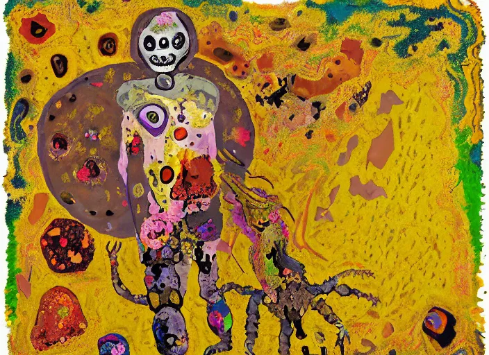 Image similar to expressionistic, pixels, decollage painting golden armor alien zombie horseman riding on a crystal bone dragon broken rainbow diamond maggot horse in a blossoming meadow full of colorful mushrooms and golden foil toad blobs in a golden sunset, distant forest horizon, painted by Mark Rothko, Helen Frankenthaler, Danny Fox and Hilma af Klint, low bit, pixel mosaic, semiabstract, color field painting, byzantine art, voxel art, pop art look, naive, outsider art. Barnett Newman painting, part by Philip Guston and Frank Stella art by Adrian Ghenie, 8k, extreme detail, intricate detail, masterpiece