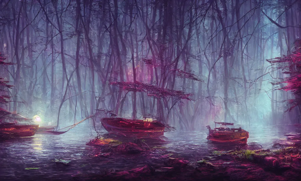 Prompt: Beautiful wooden boat in the forest river, vibrant bright cyberpunk color scheme, hyperdetailed twigs and plants, moonlit nightscape, bioluminiscent fireflies, layered fog, moody lighting, photorealistic digital arts, sharp, well focused, artstation HD, 8K