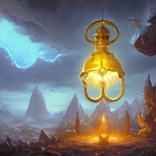 Image similar to a holy giant ringing bell made of gold, yellow theme, bright art masterpiece artstation. 8 k, sharp high quality artwork in style of jose daniel cabrera pena and greg rutkowski, concept art by tooth wu, blizzard warcraft artwork, hearthstone card game artwork, giant ringing bell