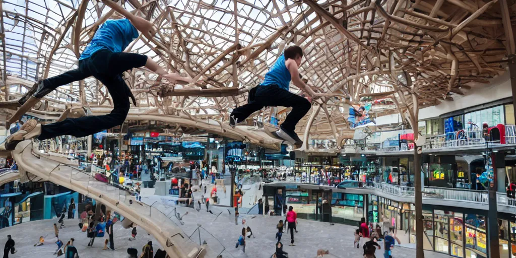 Prompt: practicing parkour in the mall of america, telephoto lens