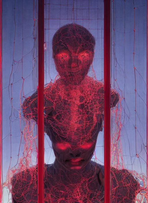 Prompt: Portrait Masterpiece, face-less, see-through skin, glass skin, h.r. giger city, red, glowing, wires everywhere, by Edgar Maxence and Ross Tran, Zdzisław Beksiński, and Michael Whelan, distant, gustav dore, H.R. Giger, 8k, octane render