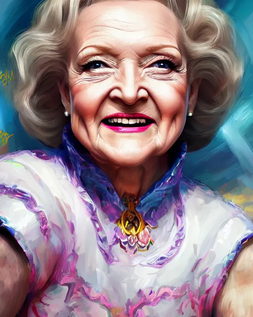 Prompt: betty white, portrait, fantasy art, in the style of artgerm, illustration, epic, fantasy, intricate, hyper detailed, artstation, concept art, smooth, sharp focus, ray tracing, vibrant, photorealistic, simon bisley, fabry glenn