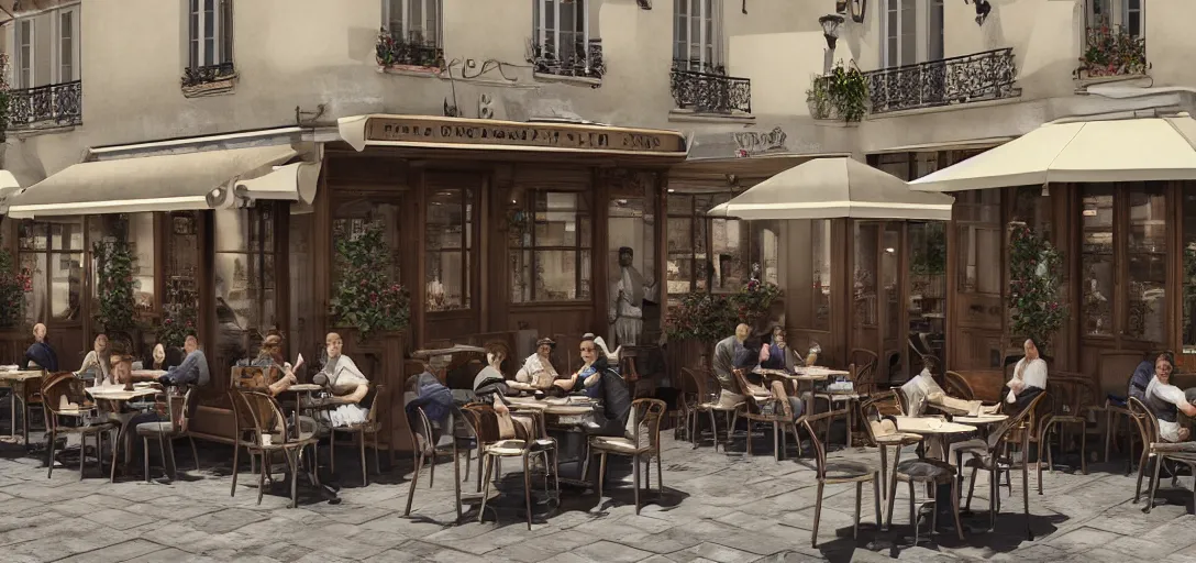 Prompt: a photorealistic render of a parisian cafe at lunch time but all the chairs look like the iron throne, cafe customers, fancy french waiters, ultra detailed face, 8 k, artstation, volumetric lighting, smooth, highly detailed, octane render, by andres rocha and albert bierstadt and greg rutkowski