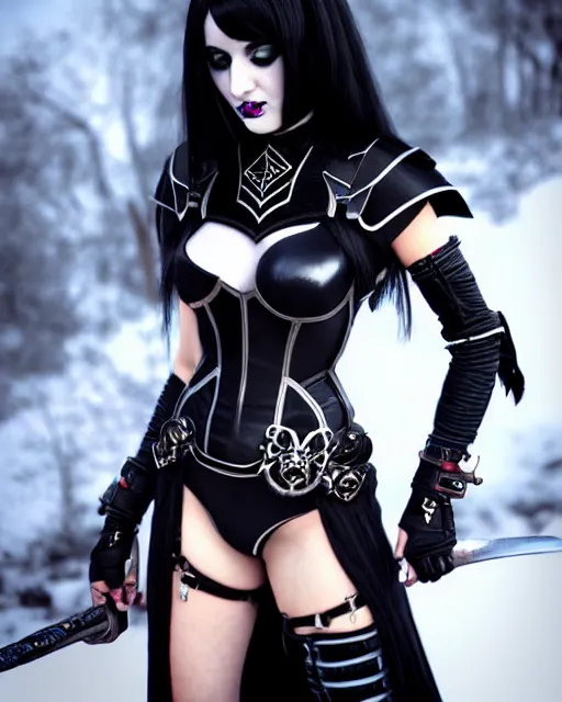 Image similar to portrait of beautiful goth girl cosplay with black hair in warhammer armor, white background, art by artgerm