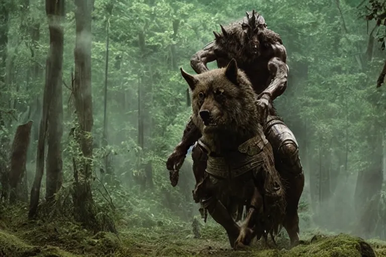 Image similar to vfx movie closeup detailed ancient armored warrior orc hunting riding large wolf in the forest, natural lighting by emmanuel lubezki