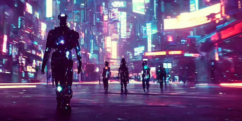 Prompt: Cyberpunk android chrome Robots dramatic movie scene with dynamic movement and motion blur and bokeh and forced perspective, shot on imax, cinematic scene, cinematographic composition, CineStill 800T Film