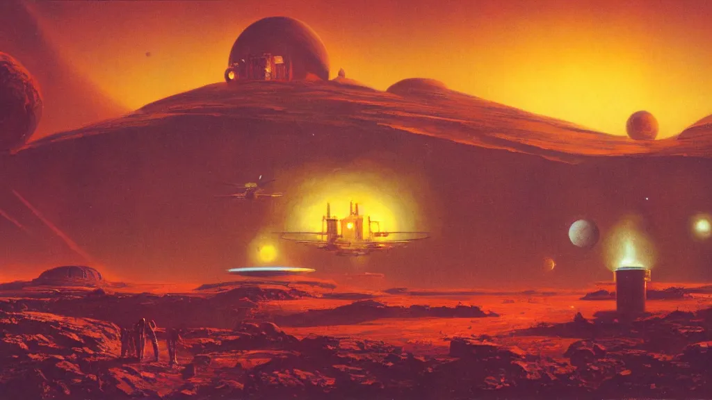 Image similar to mars colony by paul lehr and john schoenherr, cinematic matte painting