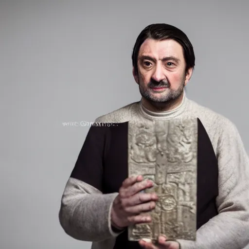 Prompt: richard iv the roman king, excited real human wearing cashmere shirt, soft studio lighting, sigma lens photo, he is alone holding something soft