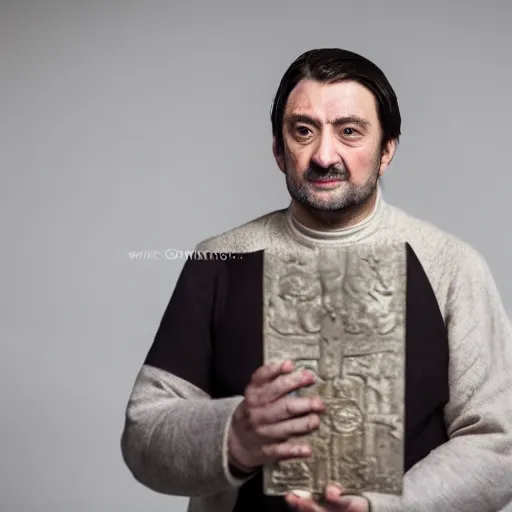 Image similar to richard iv the roman king, excited real human wearing cashmere shirt, soft studio lighting, sigma lens photo, he is alone holding something soft