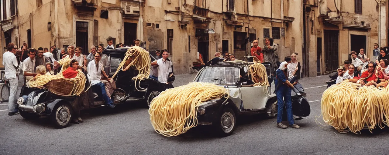 Image similar to a group of people on the streets of rome riding in a car made of spaghetti, canon 5 0 mm, cinematic lighting, photography, retro, film, kodachrome