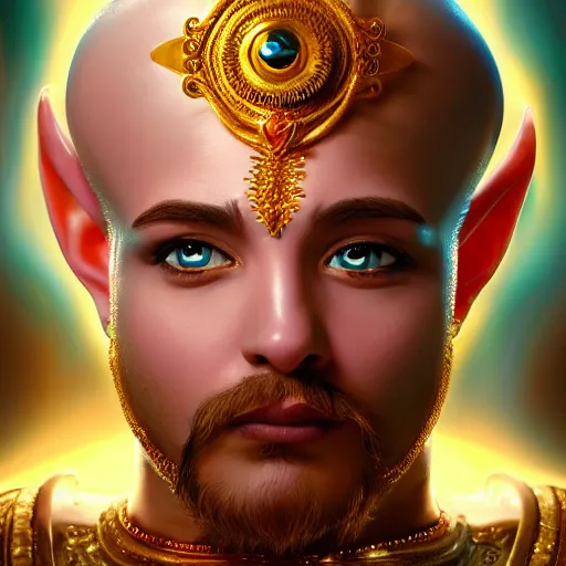 Image similar to all powerful genie, a god, god, ecstatic, infinite power, manic, perfect eyes, full body shot, magical being, magic, portrait, noble, transformation, vivid colors, elegant, concept art, sharp focus, digital art, Hyper-realistic, 4K, Unreal Engine, Highly Detailed, HD, Dramatic Lighting by Brom, trending on Artstation