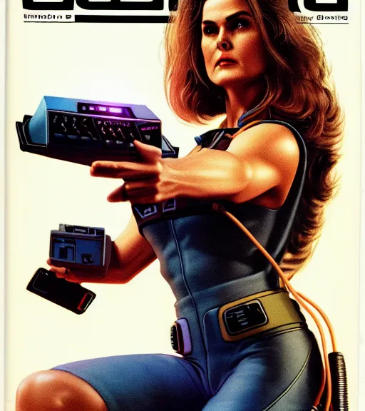 Image similar to cable plugged in, side of head, keri russell, cyberdeck computer terminal, 1 9 7 9 omni magazine cover, style by vincent di fate, cyberpunk 2 0 7 7, very coherent, detailed, 4 k resolution, unreal engine, daz