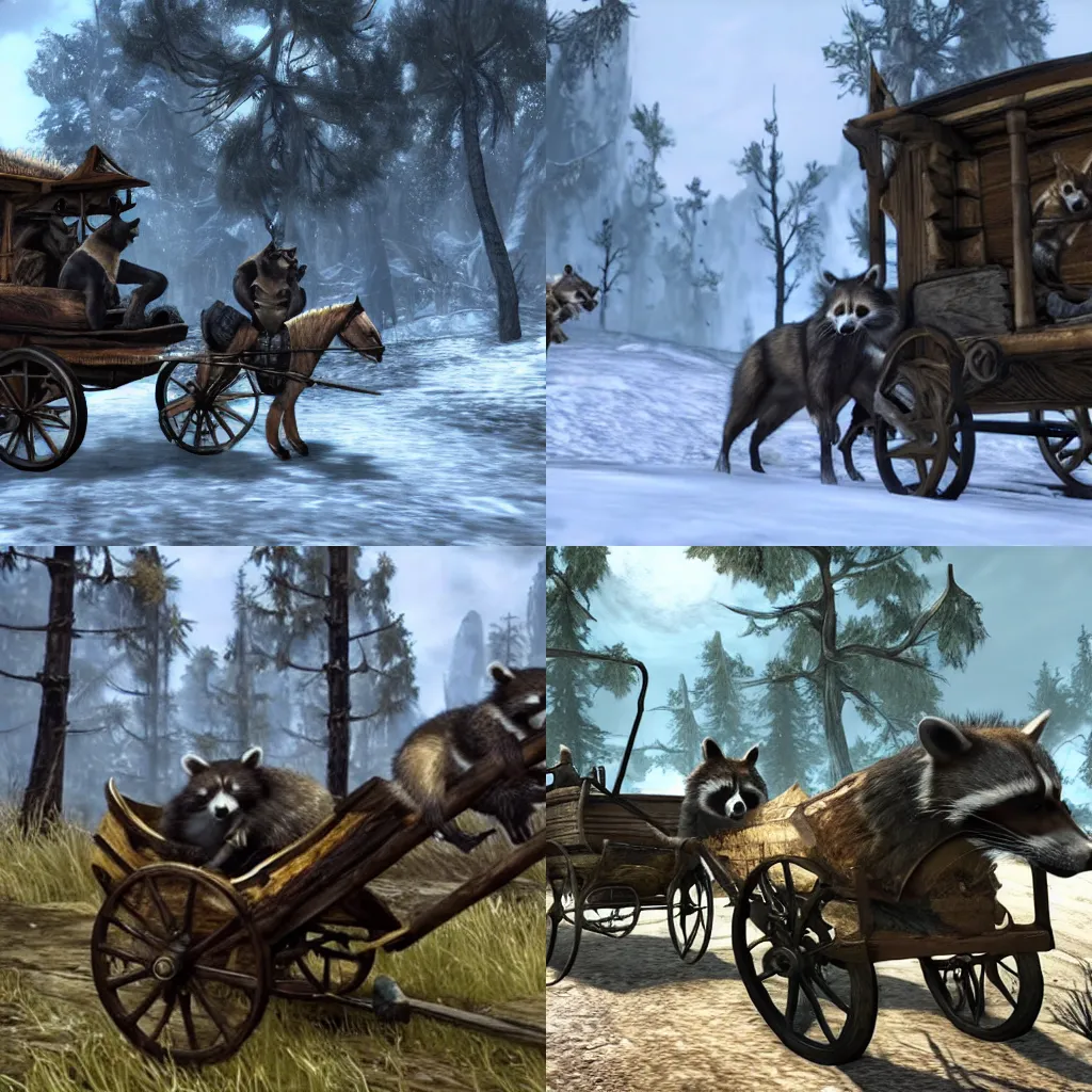 Prompt: raccoons riding in a horse drawn cart, Skyrim intro