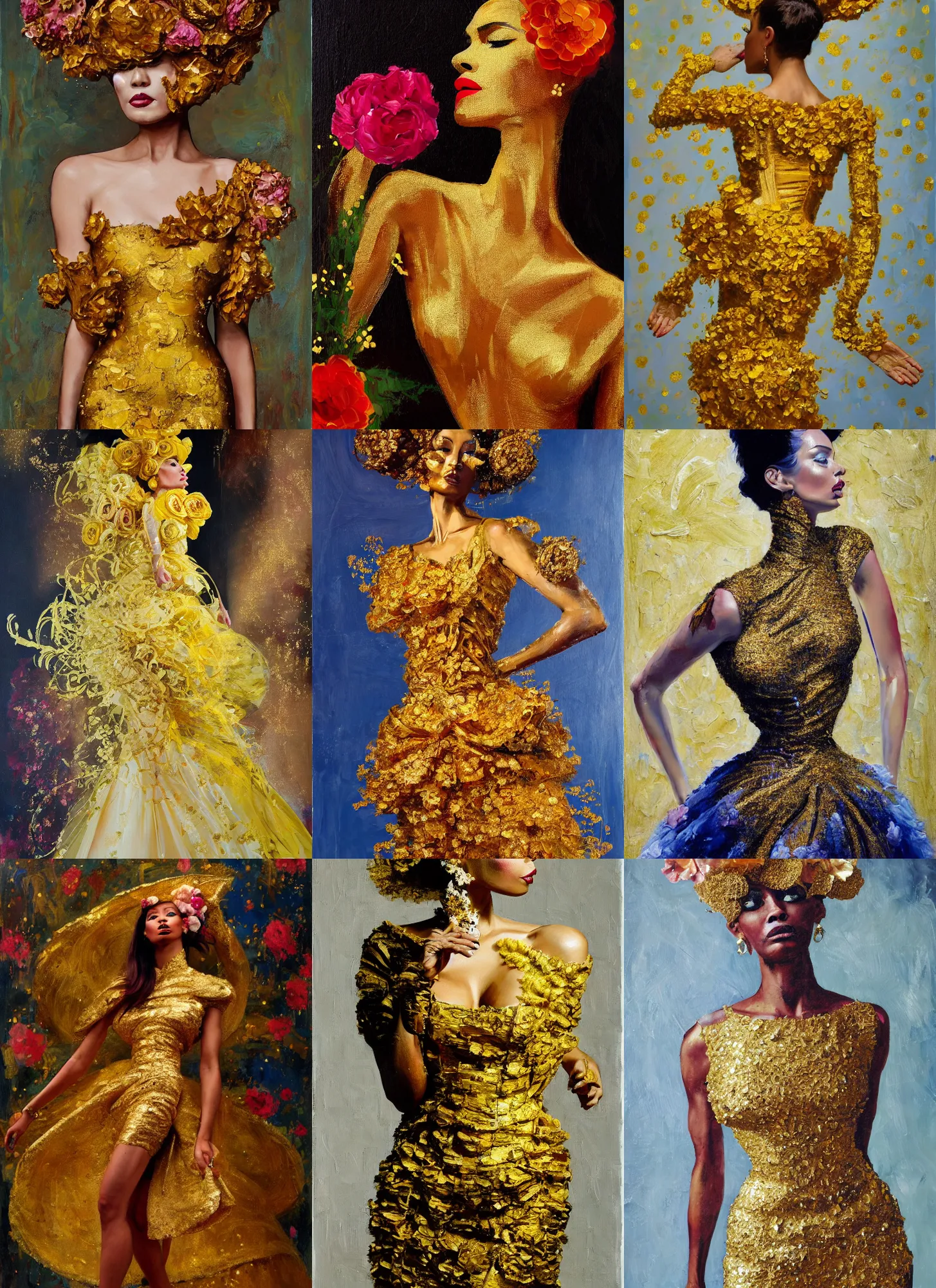 Prompt: tara banks wearing a golden haute couture dress in the style of ger doornink full figure painting by andrei riabovitchev, sandra chevier, tara mcpherson, david choe, decorative flowers, fashion, elegance, sophisticated, detailed painterly impasto brushwork