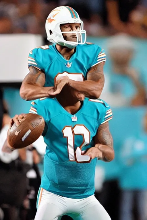 Prompt: The Rock playing quarterback for the Miami Dolphins