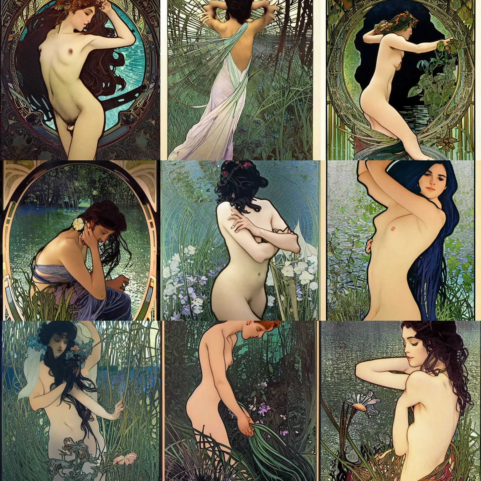 Prompt: Une superbe!! driade à la peau noire qui sort de l'eau dans un étang avec une végétation dense, sous la pleine lune,, par Manara et Ryan JiaAlphonse Mucha et Steve McCurry. Très détaillé, peinture à l'huile