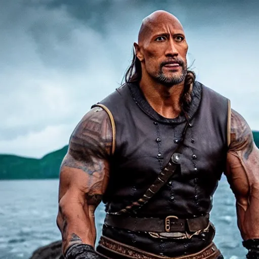 Image similar to dwayne johnson in vikings on a boat 4 k quality super realistic