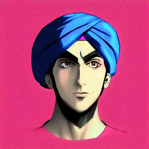 Image similar to A young man wearing a blue turban, beardless, shaven face, middle-eastern, in the style of Persona 5, Persona 5, Persona 5 artwork