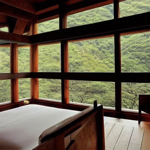 Image similar to “extravagant luxury mountain hotel, in hakone, by Tadao Ando and Kuma Kengo, modern rustic”