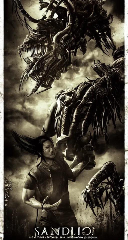 Image similar to movie film poster art for hiroyuki sanada vs predator. in the style of ansel adams, frank frazzetta, realistic, detailed, octane