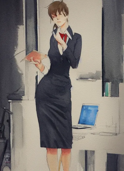 Image similar to concept art of a modern office life, young attractive business woman, pencil miniskirt, pinterest, artstation trending, behance, watercolor, by coby whitmore, silver, laser light,