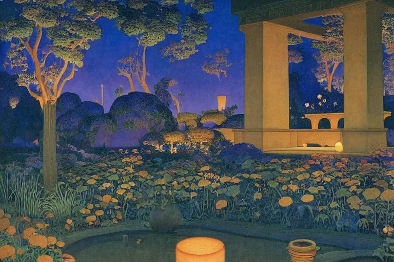 Image similar to beautiful garden at twilight by Maxfield Parrish and Nicholas Roerich and jean delville, glowing paper lanterns, strong dramatic cinematic lighting , ornate tiled architecture, lost civilizations, smooth, sharp focus, extremely detailed
