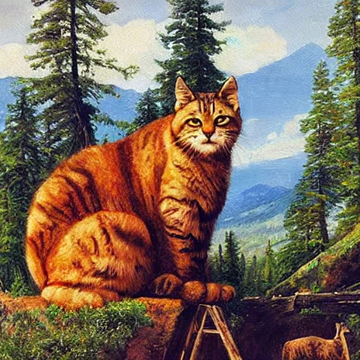 Image similar to huge gigantic cat in mountains, oil painting by Ivan Shishkin