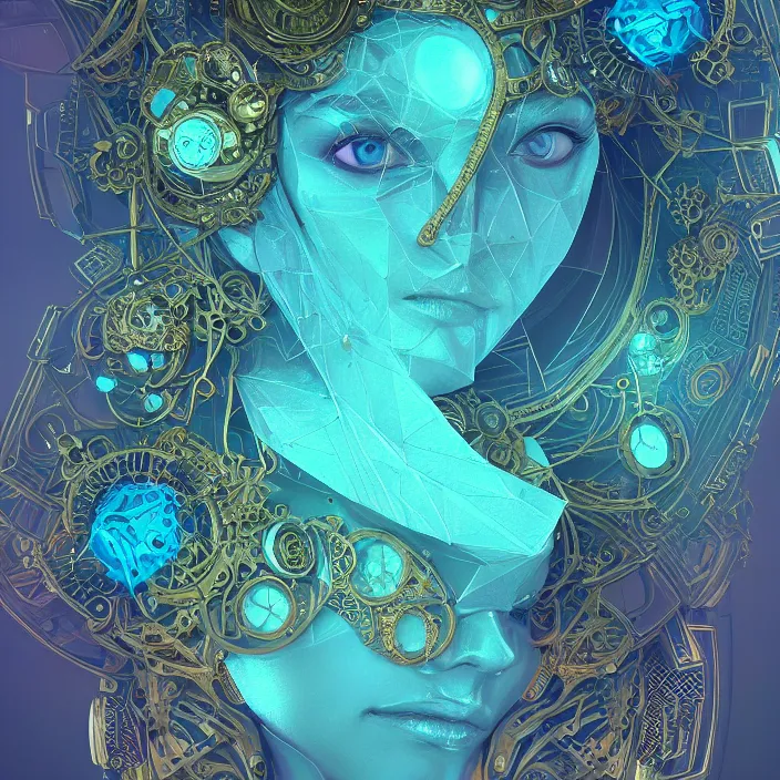 Image similar to beautiful symmetrical face portrait android woman time machine axonometric mechanical fantasy intricate elegant highly detailed in volumetric void of latent space lush flowers intricate jewellery, realm of the gods golden turquoise steampunk, axonometric high contrast cinematic light, mystical shadows, digital painting, sharp focus, octane render, photographic, concept art, artist leonardo davinci, unreal engine 8 k