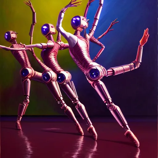 Image similar to synthetic cyborg dancing ballet, beautiful colour palette, oil paint on canvas, sharp textures, biotechnology, nikolay georgiev, alex ross, bruce pennington, donato giancola, larry elmore, masterpiece, trending on artstation, featured on pixiv, cinematic composition, sharp, details, hyper - detailed, hd, hdr, 4 k, 8 k