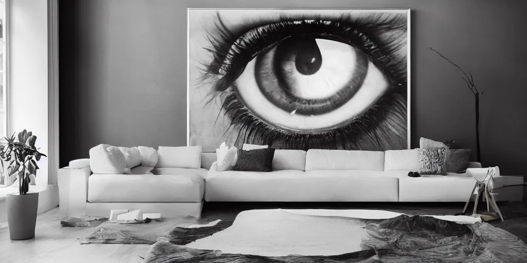 Image similar to photograph of a white leather couch with a huge photograph of a human eye on the wall behind it, ultra wide angle lens, hyperreal, super sharp photography