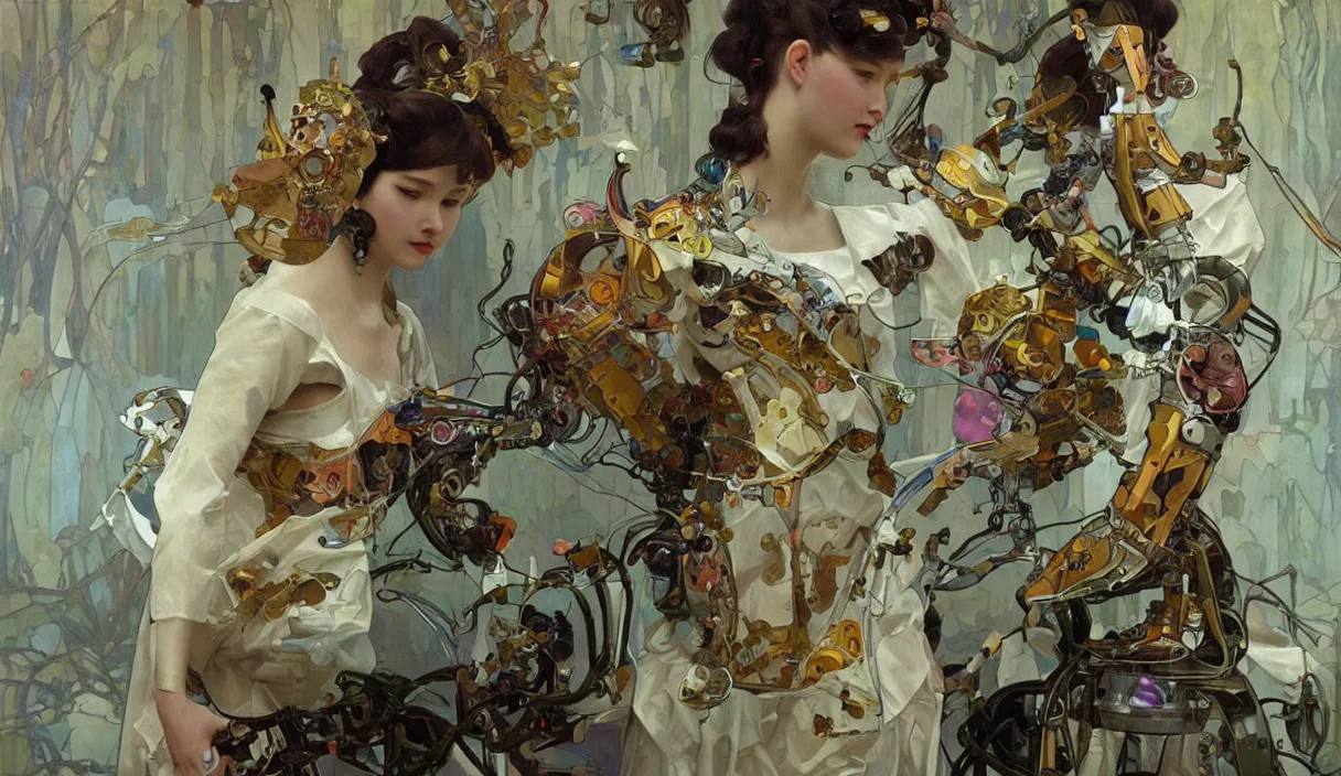 Prompt: Still of a humanoid robot creating art with painting, high detail, cinematic, art by tian zi and WLOP and alphonse mucha