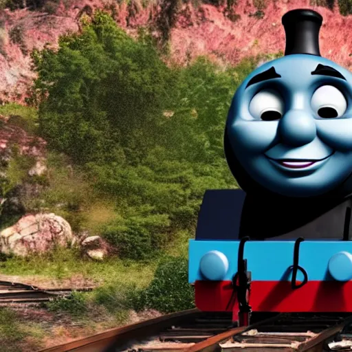 Image similar to the most smug, insane, evil, satanic looking Thomas the tank, ultra realistic 4k rendered in redshift