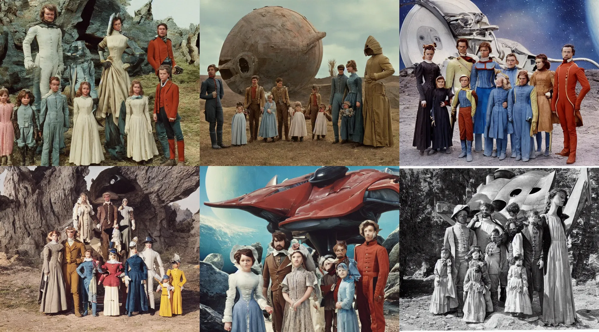 Prompt: sharp, 35mm still from a sci fi blockbuster color movie made in 2022, set in 1860, of a family standing in front of a spaceship that has just landed on an alien planet, a humanoid alien creature stands nearby, the family are all wearing 1850s era clothes, 4k, in focus faces, extremely good quality lighting, good quality photography, A list cast, famous actors, famous actresses, oscar winner