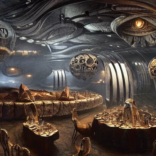 Image similar to scene from prometheus movie, hr giger artlilery spaceship lands in country tavern, filigree ornaments, volumetric lights, micheal whelan