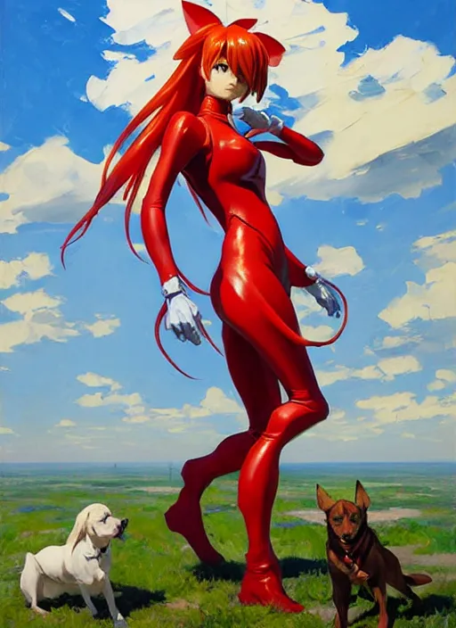 Prompt: Greg Manchess painting of Asuka Langley Soryu in Plugsuit out with the dogs, EVA unit-00 in the back, countryside, fantasy character portrait, dynamic pose, above view, sunny day, thunder clouds in the sky, artwork by Jeremy Lipkin and Giuseppe Dangelico Pino and Michael Garmash and Rob Rey, very coherent asymmetrical artwork, sharp edges, perfect face, simple form, wacky, 100mm