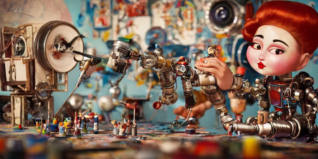 Image similar to closeup portrait of tin toy retro robot painter mixing gouache in an artist workshop, depth of field, zeiss lens, detailed, centered, fashion photoshoot, by nicoletta ceccoli, mark ryden, lostfish, breathtaking, 8 k resolution, extremely detailed, beautiful, establishing shot, artistic, hyperrealistic, octane render