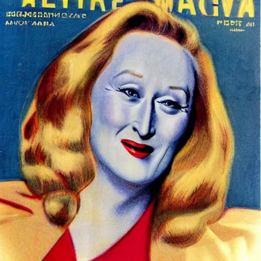 Prompt: “Meryl Streep portrait, color vintage magazine illustration 1950”