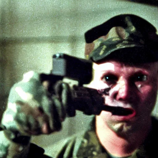 Image similar to a high quality color creepy atmospheric dimly lit extreme closeup film 3 5 mm depth of field photograph of a man wearing army fatigues, face dripping with sweat, holding a machinegun nervously pointing it in front of him getting ready to shoot, in a secret military bunker in antarctica in 1 9 8 2