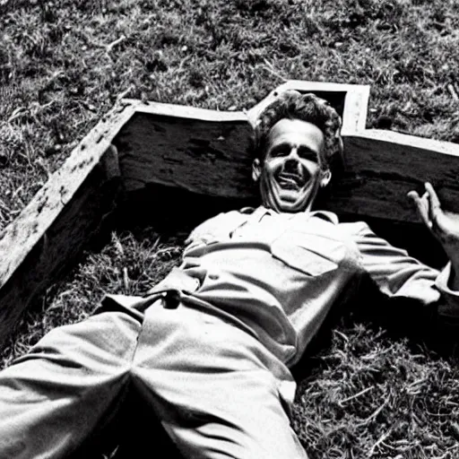 Prompt: Jordan Peterson laying in an open grave with a cross made of broken wood. He’s laughing. Photograph from horror movie 1980s.