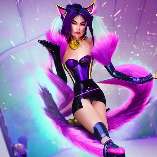 Image similar to Vogue Magazine cover with KDA Ahri (League of Legends). 3d render, octane render, game art, realistic, highly detailed, trending on artstation, 4k, trending on artstation, pixar, cgsociety, unreal engine 5, redshift render, trending on artstation, blender, behance, cg