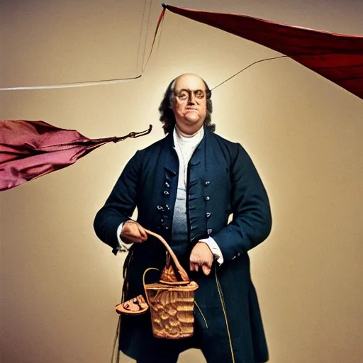 Image similar to closeup portrait of Benjamin Franklin with a kite in a smoky new york street, by Steve McCurry and David Lazar, natural light, detailed face, CANON Eos C300, ƒ1.8, 35mm, 8K, medium-format print