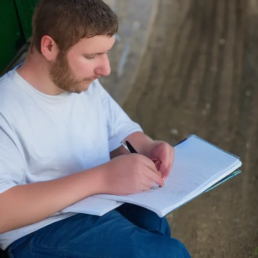 Prompt: Ethan Smith writing his next guide, (EOS 5DS R, ISO100, 84mm, RAW, postprocessed, facial features)