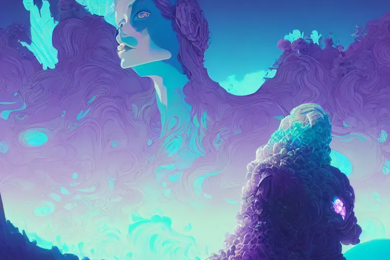 Prompt: muted vaporwave ombre. double exposure, druid of creativity, beautiful character fashion design, by josan gonzalez and paul lehr and david heskin and seb mckinnon and jared s. merantz and alex grey, hi - fructose, 8 k, digital matte painting