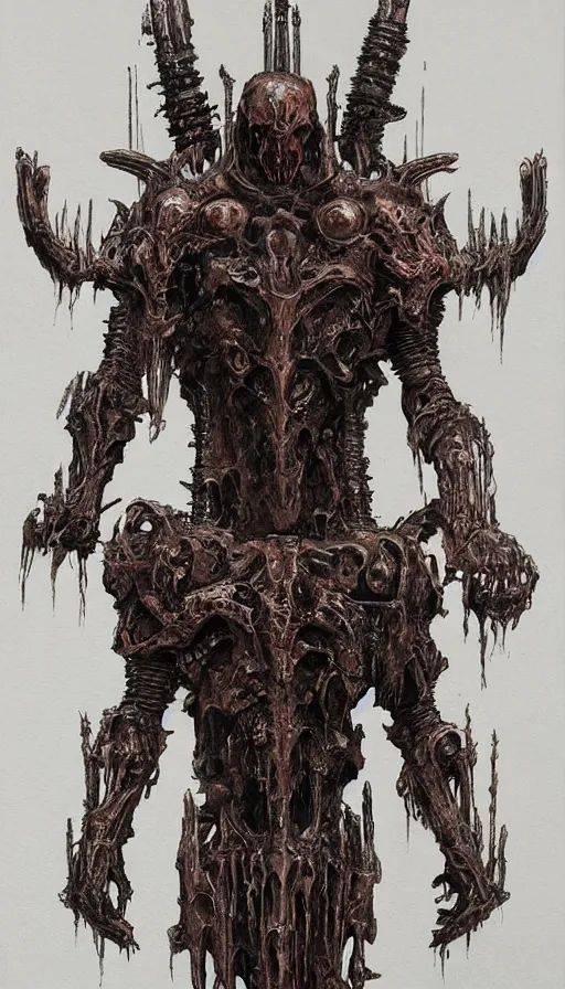 Image similar to Doom themed painting of symmetrical torso demonic hell armor with extended evil armored hands concept, intricate artwork by H.R. Giger, Johnatan Wayshak, Zdizslaw Beksinski, Ayami Kojima, Amano, Karol Bak, Moebius, and Mark Brooks, Neo-Gothic, gothic, rich deep colors, art by Takato Yamamoto, masterpiece, face by Artgerm, very coherent artwork, cinematic, hyper realism, high detail, octane render, unreal engine, 8k, High contrast, golden ratio, trending on cgsociety