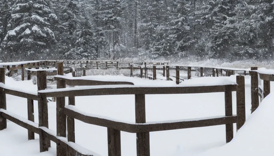 Image similar to wooden guardrails covered by snow in beautiful winter landscape. fog, snowstorm, photorealistic rendering, octane