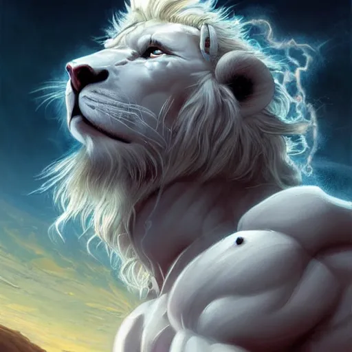 Image similar to aesthetic portrait commission of a albino muscular and attractive anthro lion as a greek god overlord with mane fur turning into cosmic smoke in the clouds, fantasy art, hyperdetailed. Character design by charlie bowater, ross tran, artgerm, and makoto shinkai, detailed, inked, western comic book art, 2021 award winning painting