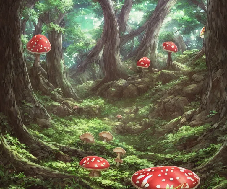 Image similar to mushroom in a forest, anime fantasy illustration by tomoyuki yamasaki, kyoto studio, madhouse, ufotable, comixwave films, trending on artstation