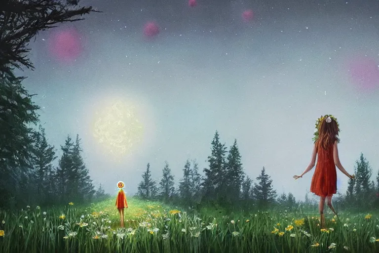 Image similar to giant daisy flower crown head, girl walking in forest, surreal photography, dark night, stars, moon light, impressionist painting, clouds, digital painting, artstation, simon stalenhag