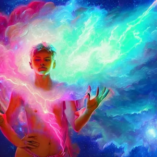 Prompt: highly detailed 8k oil painting of the celestial glowing beautiful otherworldly God of random numbers and logic, misty, epic composition, neon colors, trending